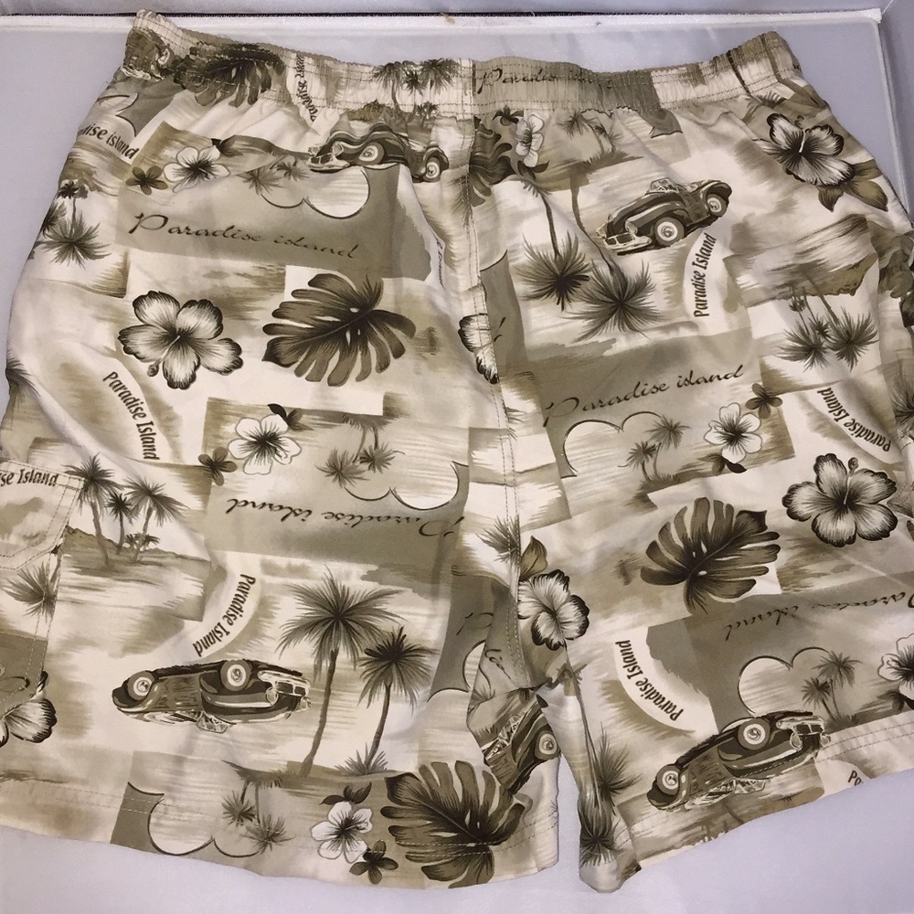 Mens Beige Tropical Cars Swim Trunks Shorts XL 40